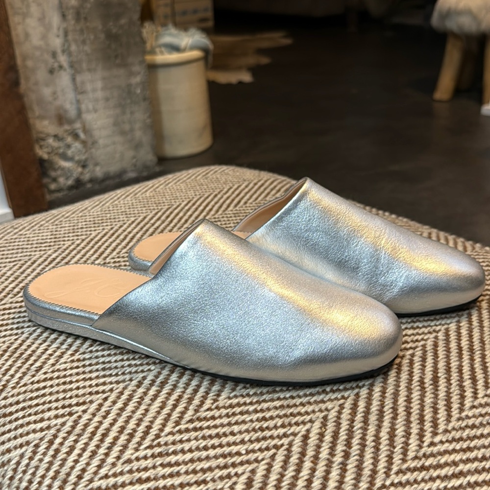 J.Crew, leather silver mules.